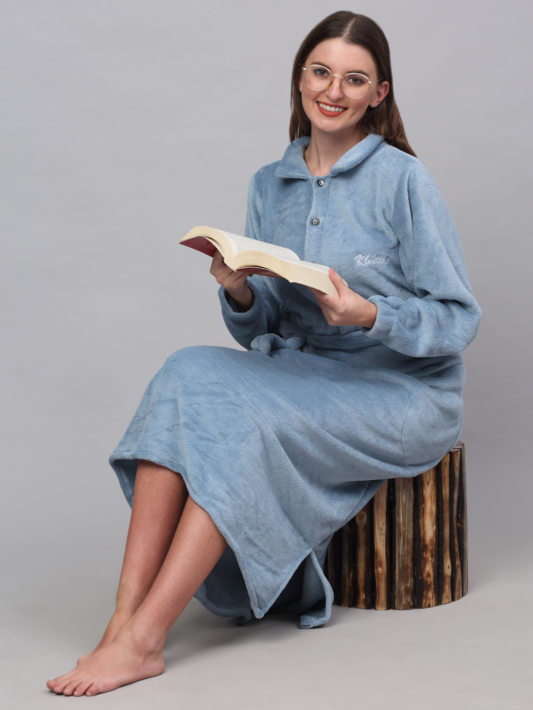 Klotthe Women Blue Solid Bath Robe With Belt