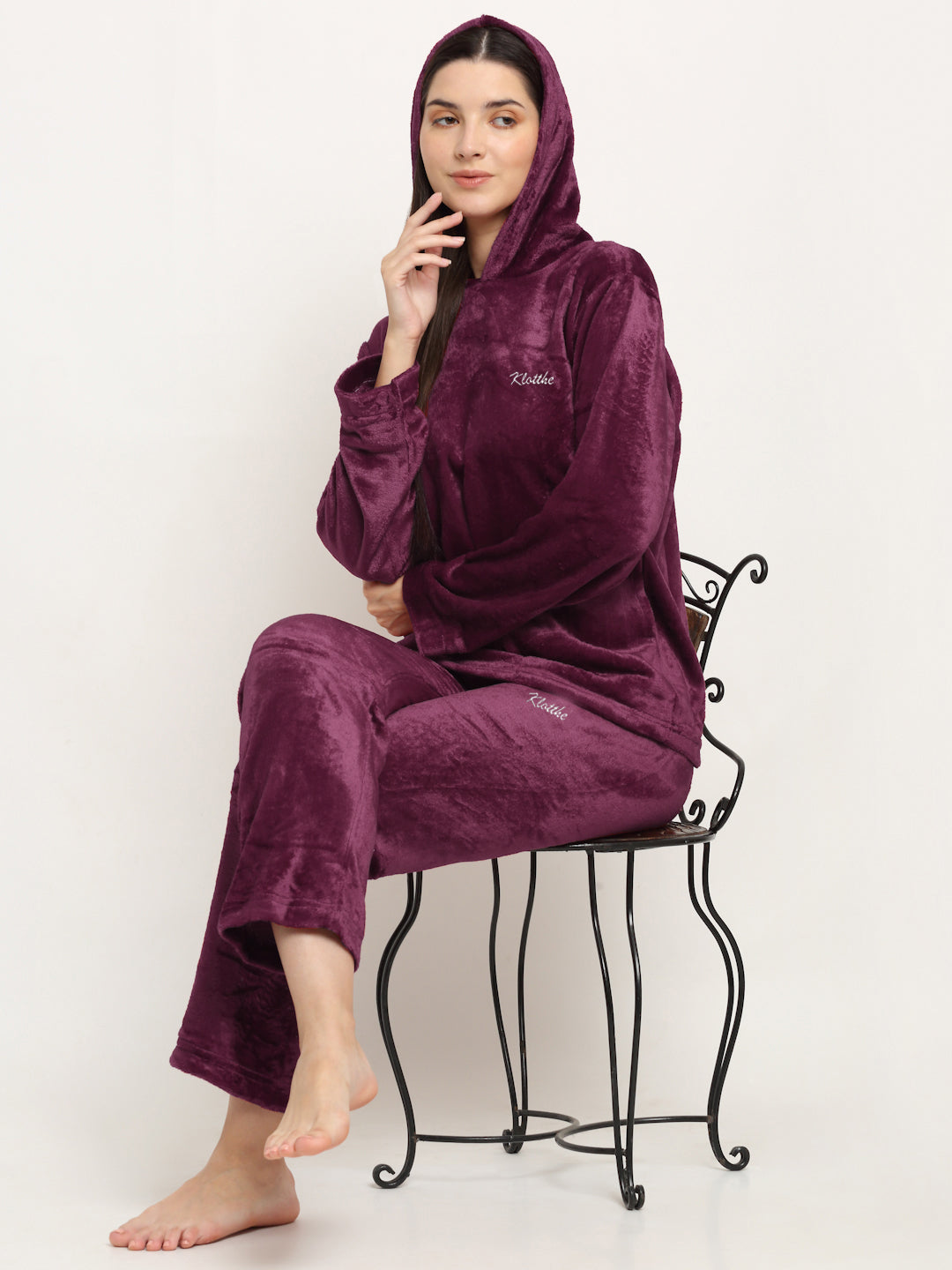 Klotthe Women Maroon Solid Wool Blend Hooded Night Suit