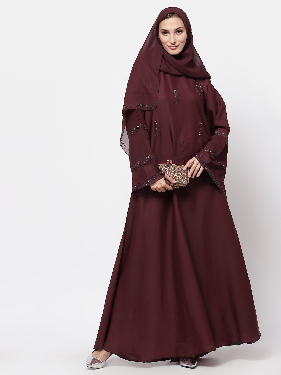 Klotthe Women Maroon Embellished Burqa With Scarves