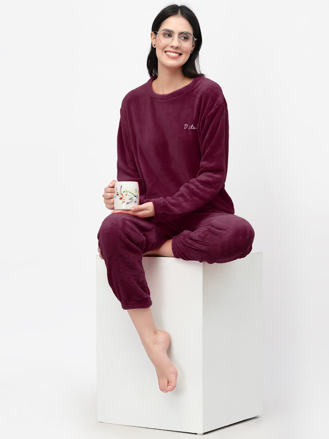 Klotthe Women Maroon Solid Wool Blend Night Suit