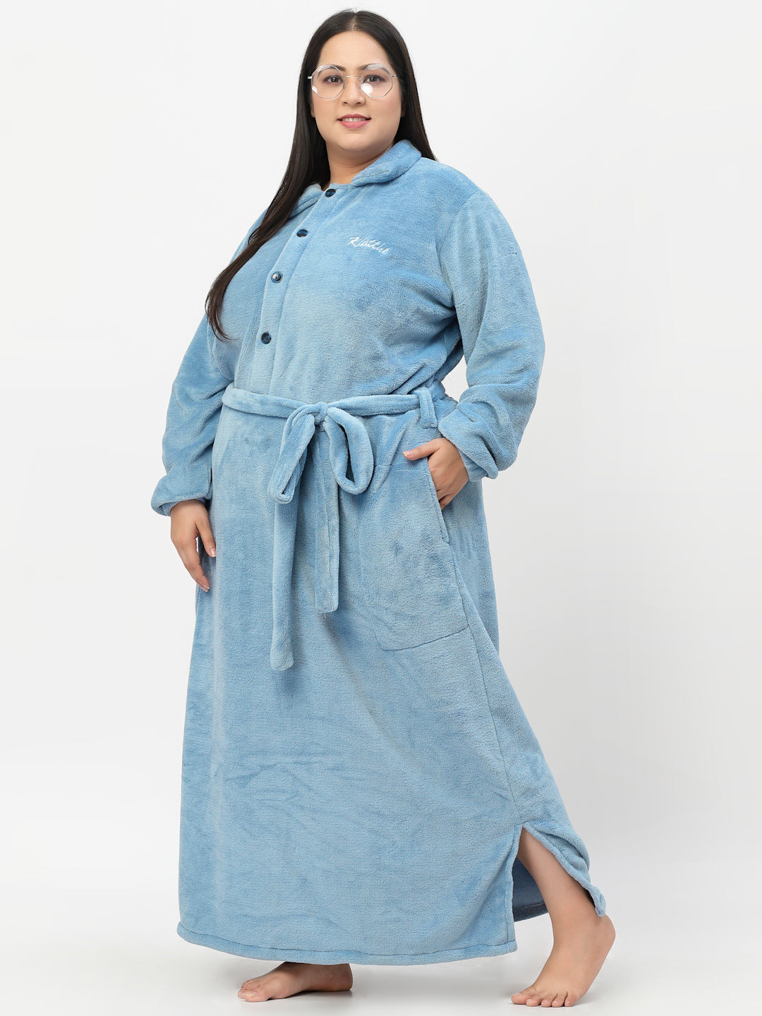 Klotthe Women Blue Solid Bath Robe With Belt