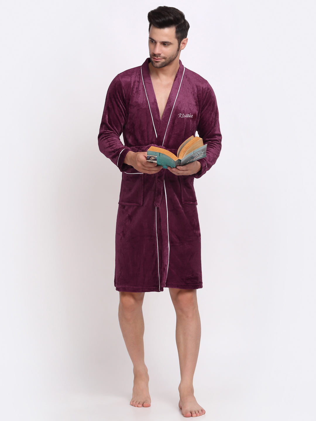 Klotthe Men Maroon Solid Wool Bath Robe With Belt