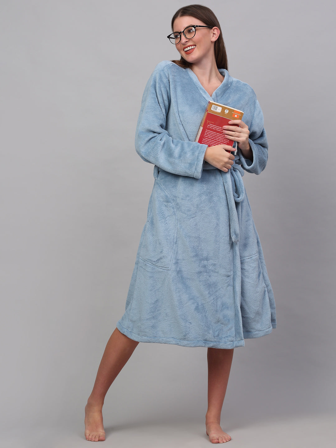 Klotthe Women Blue Solid Bath Robe With Belt