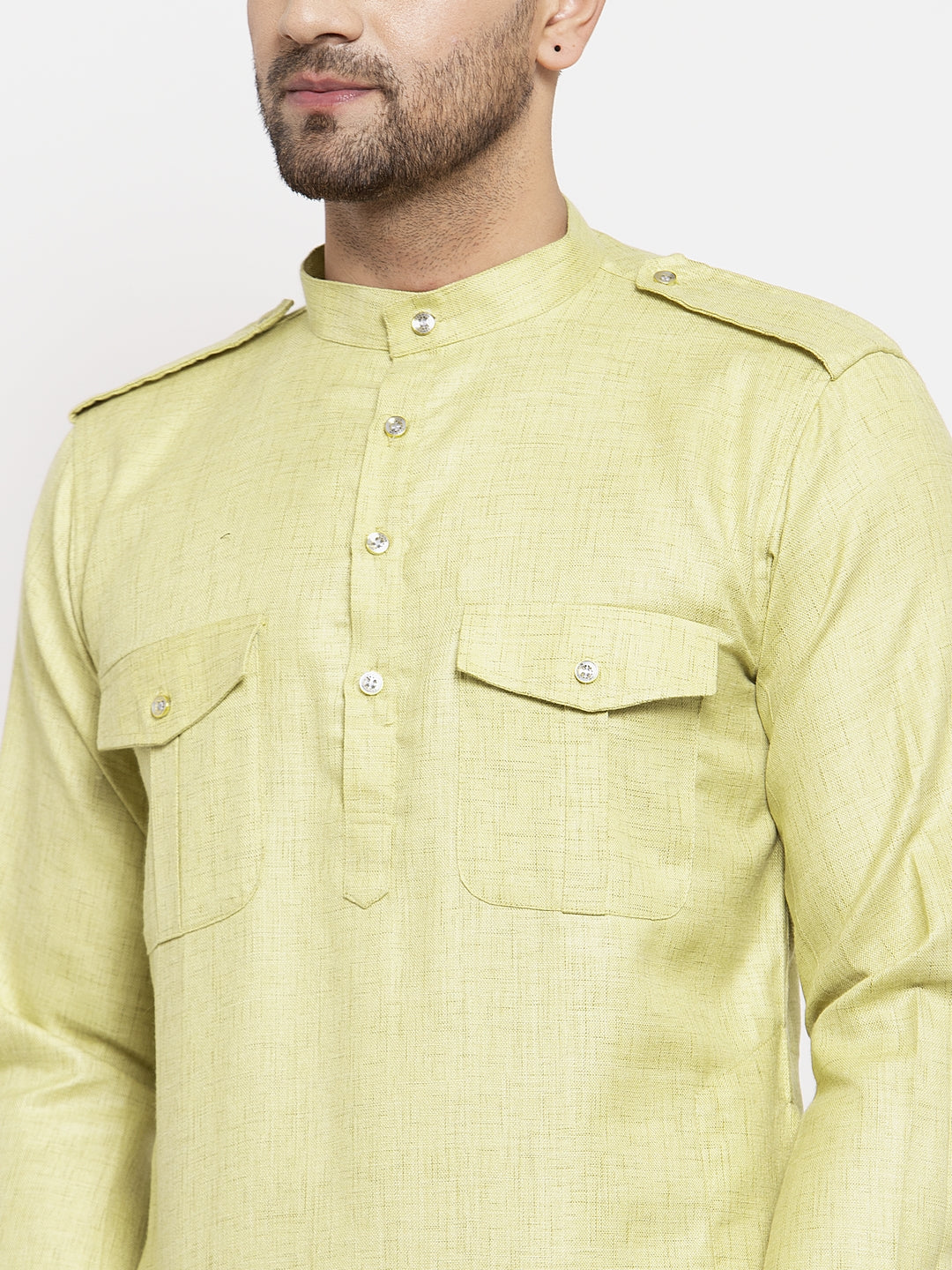 Klotthe Green Mandarin Collar Solid Cotton Kurta