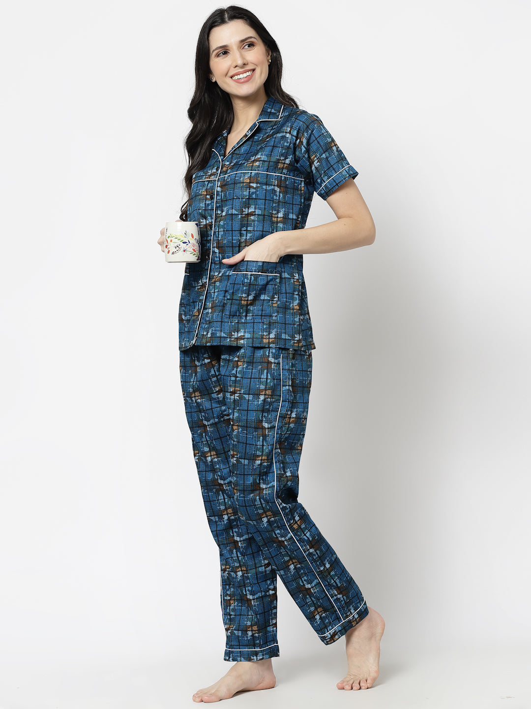 Klotthe Women Blue Geometric Print Pure Cotton Night Suit