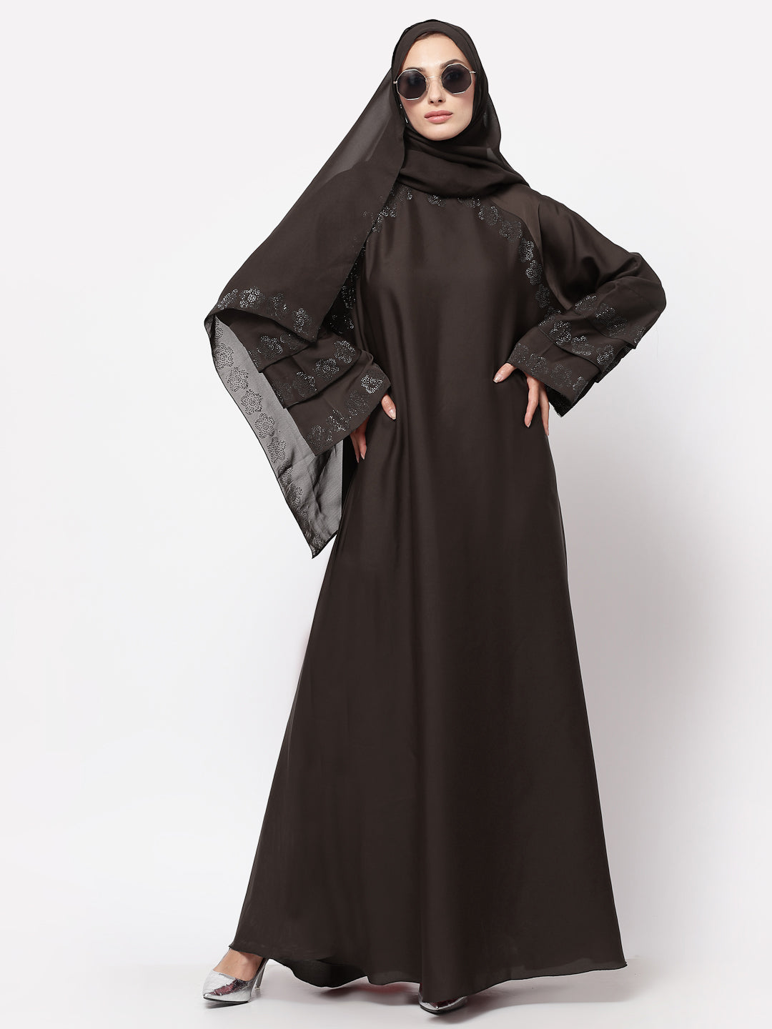 Klotthe Women Brown Embellished Burqa With Scarves