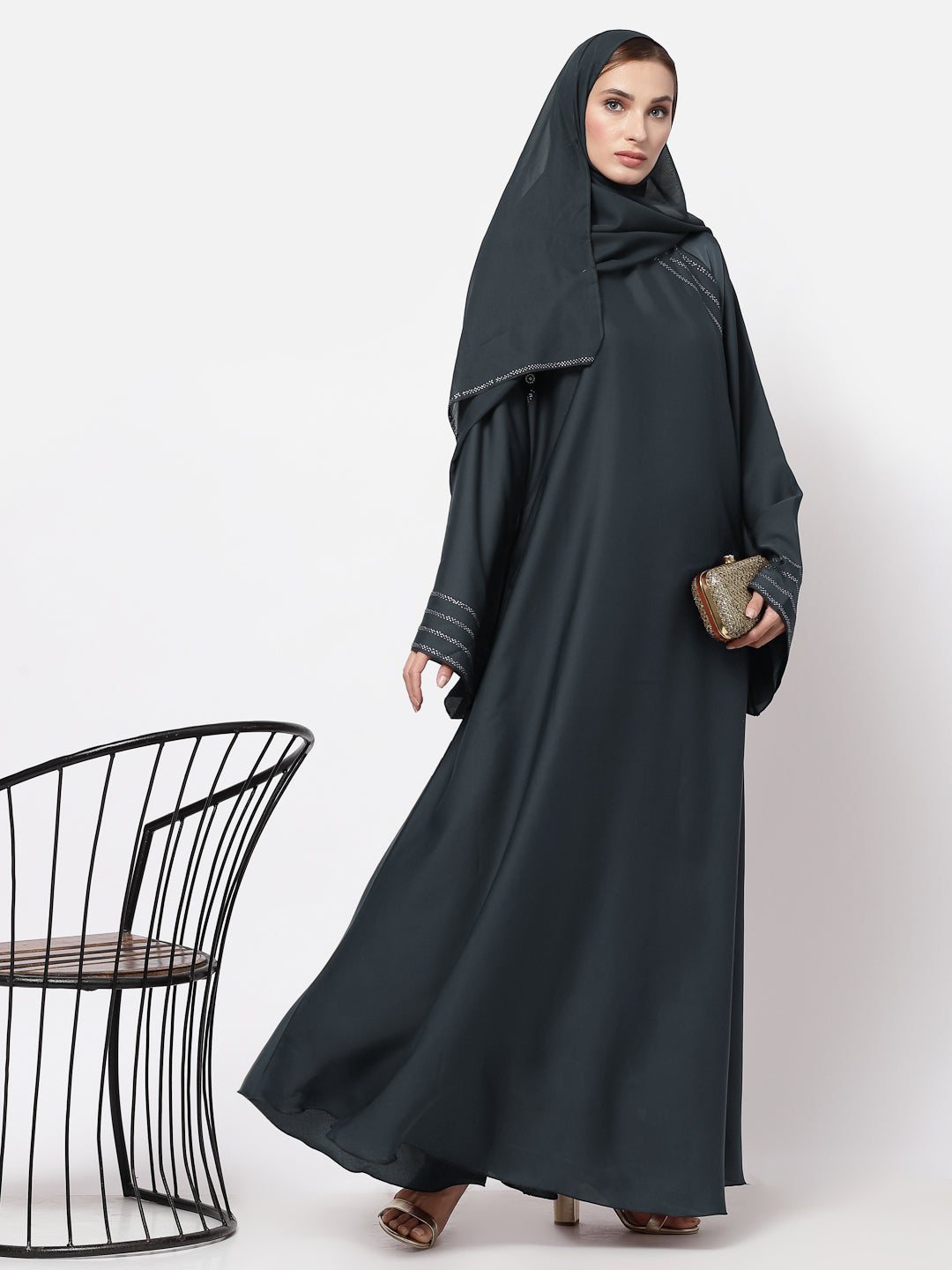 Klotthe Women Grey Embellished Burqa With Scarves