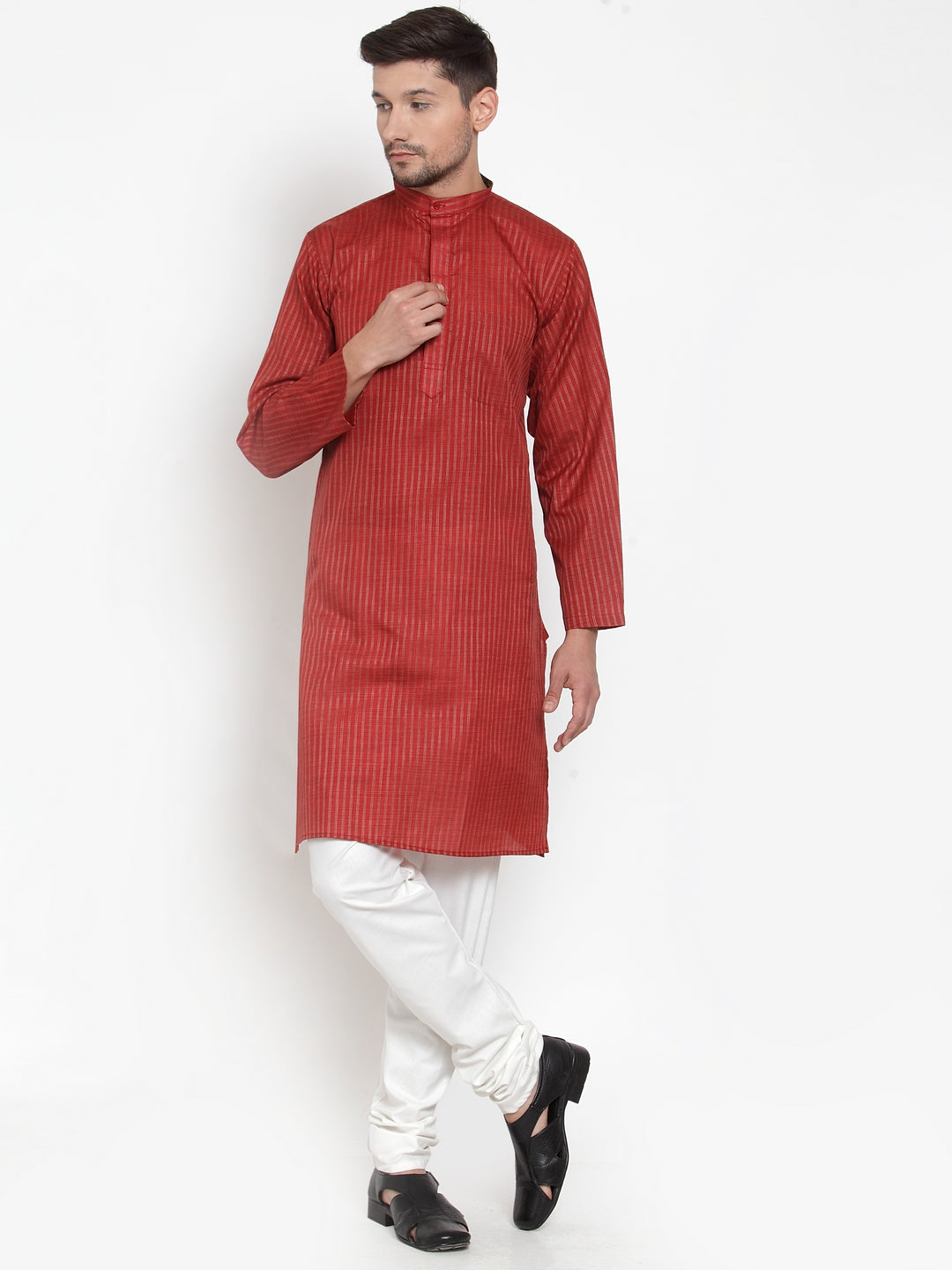 Red Cotton Striped Party Kurtas