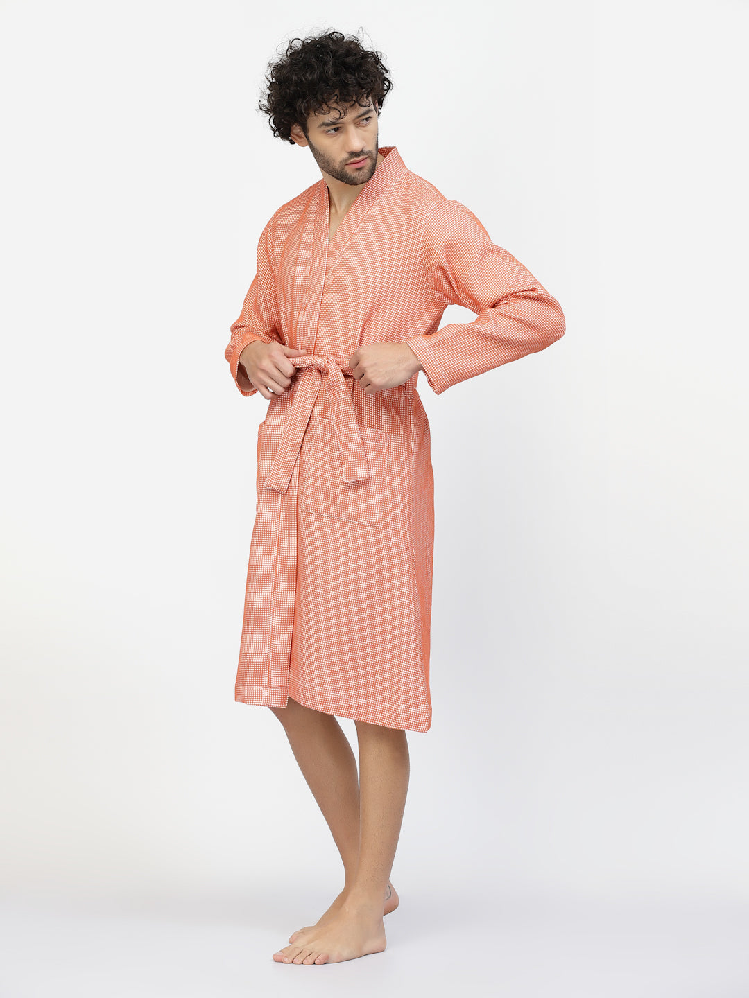 Klotthe Men Orange Checked Cotton Bath Robe With Belt