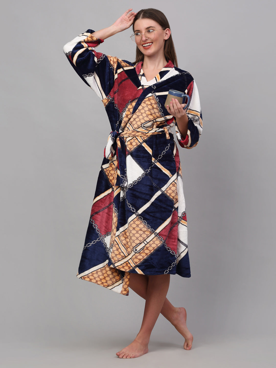 Klotthe Women MultiColor Printed Bath Robe With Belt