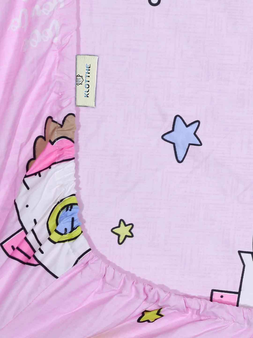 Klotthe Multicolor Cartoon Characters 300 TC Cotton Blend Fitted Double Bedsheet with 2 Pillow Covers