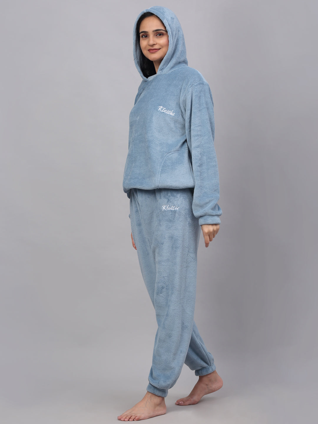 Klotthe Women Blue Wool Blend Solid Hooded Night Suit