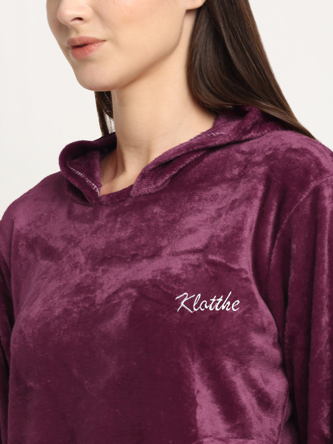 Klotthe Women Maroon Solid Wool Blend Hooded Night Suit