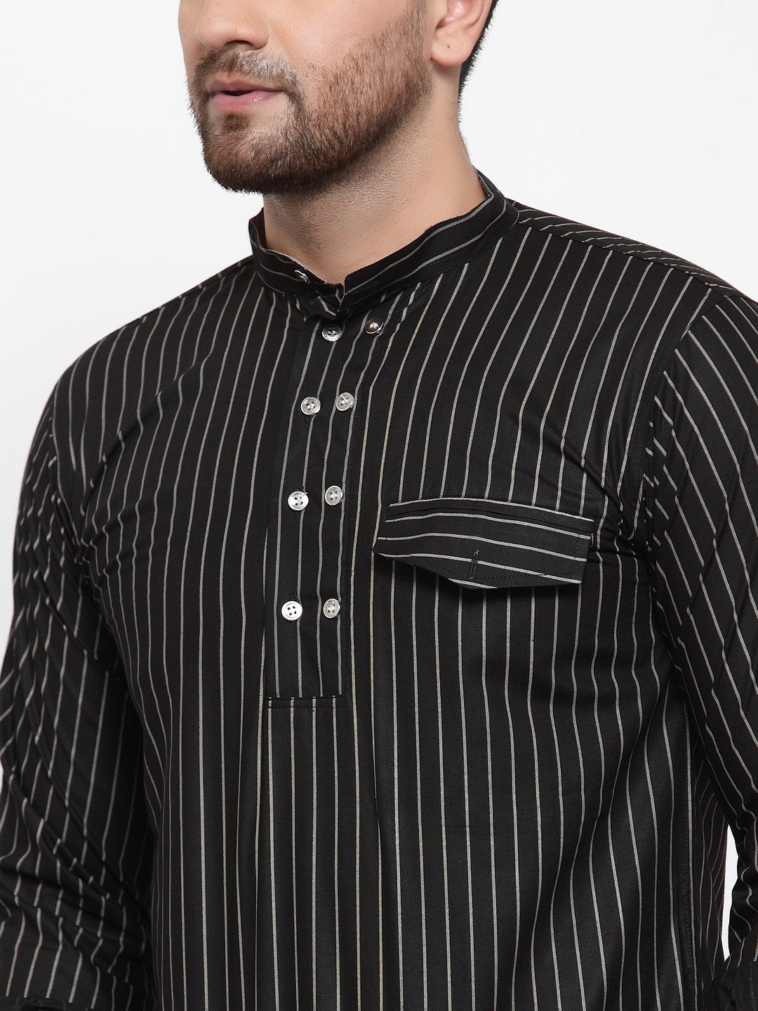 Black Cotton Silk Striped Party Kurtas