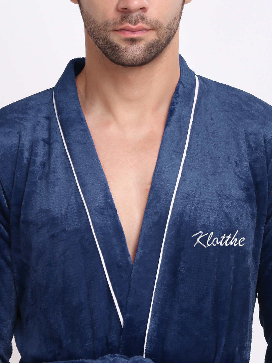 Klotthe Men Blue Solid Wool Bath Robe With Belt