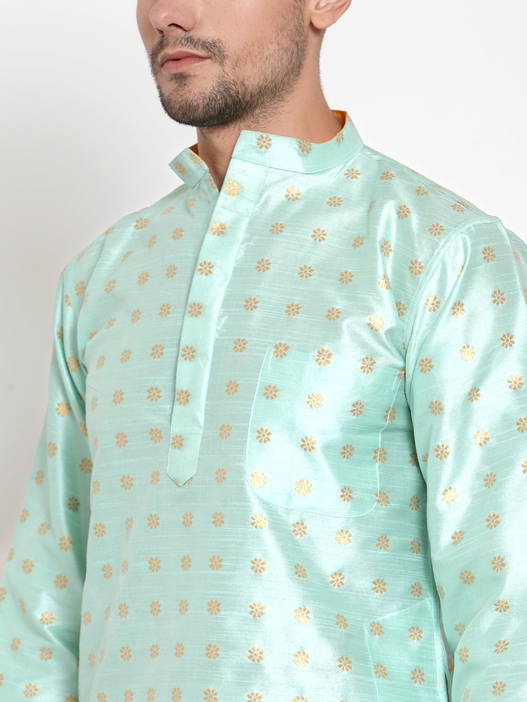 Green Cotton Silk Floral Party Kurtas