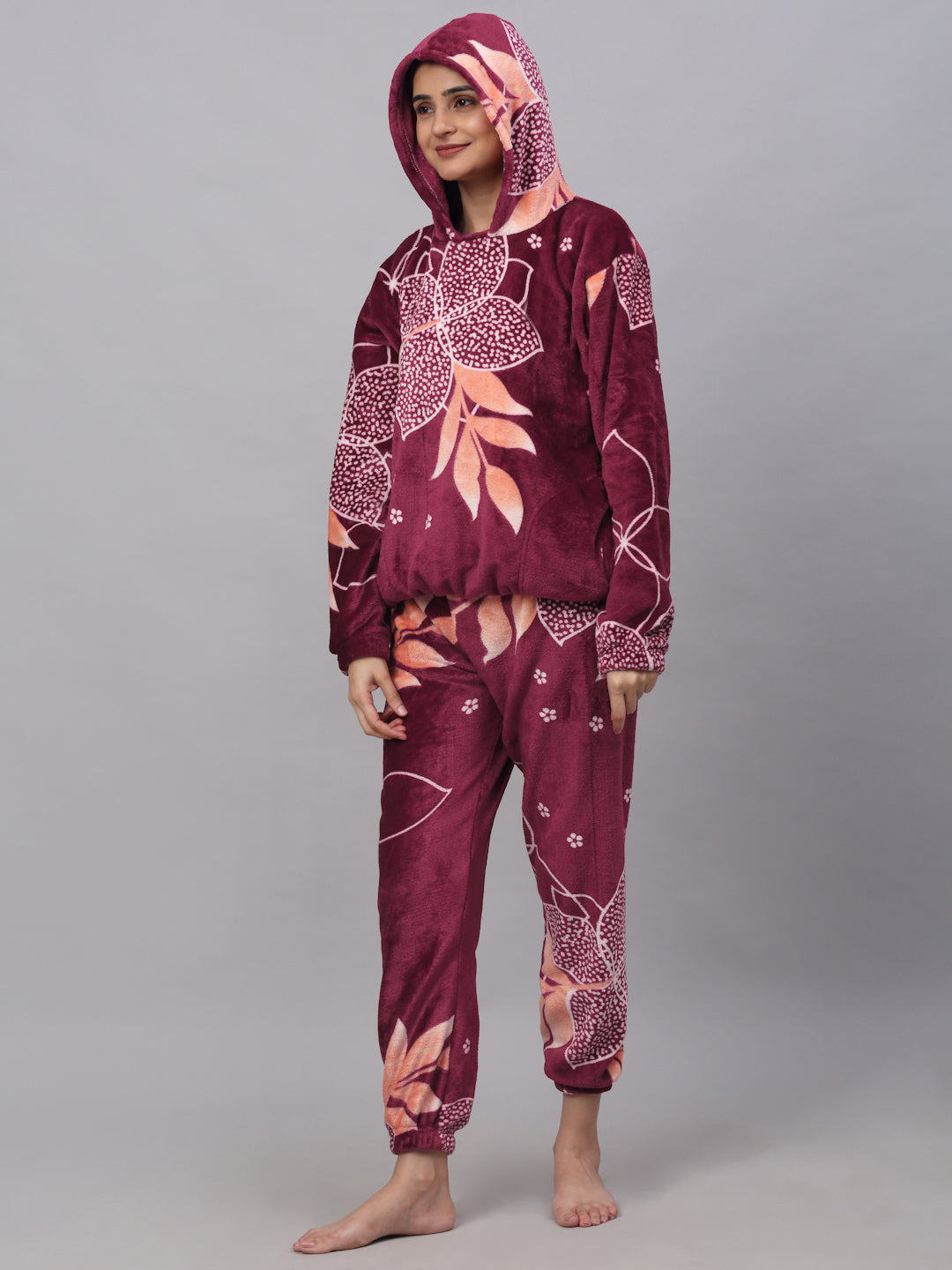 Klotthe Women MultiColor Printed Wool Blend Hooded Night Suit