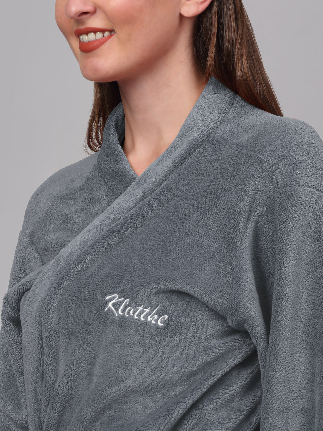 Klotthe Women Grey Solid Bath Robe With Belt