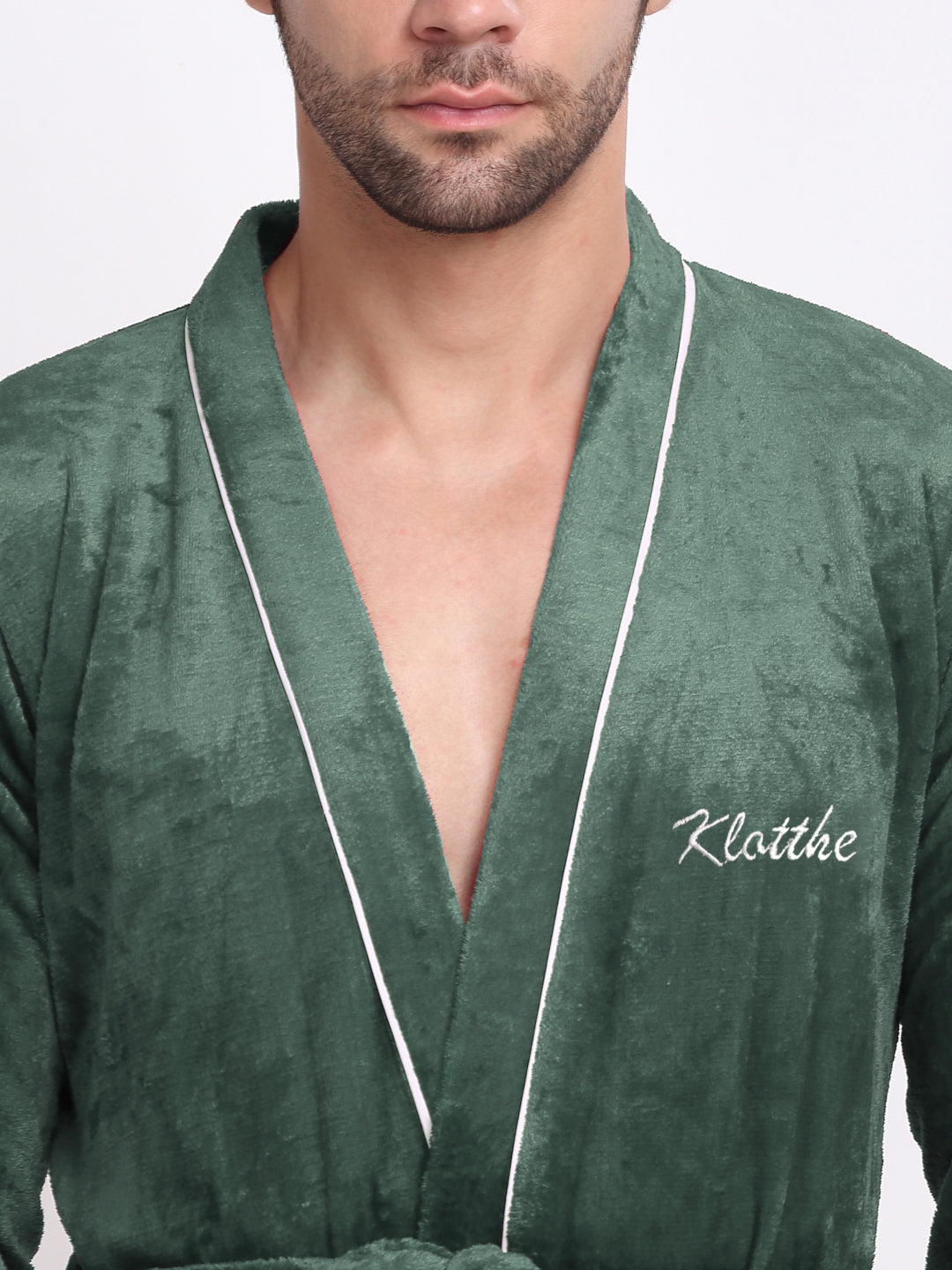 Klotthe Men Green Solid Wool Bath Robe With Belt