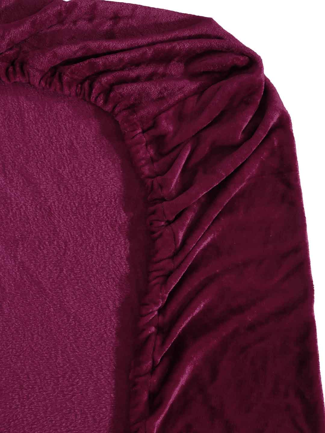 Klotthe Maroon Solid Woolen Fitted Single Bed Sheet with Pillow Cover