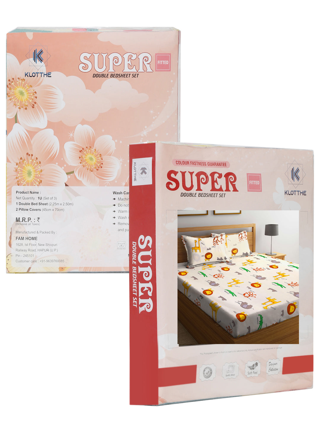 Klotthe Multi Cartoon Print 300 TC Cotton Blend Elasticated Double Bedsheet with 2 Pillow Cover in Book Fold Pack