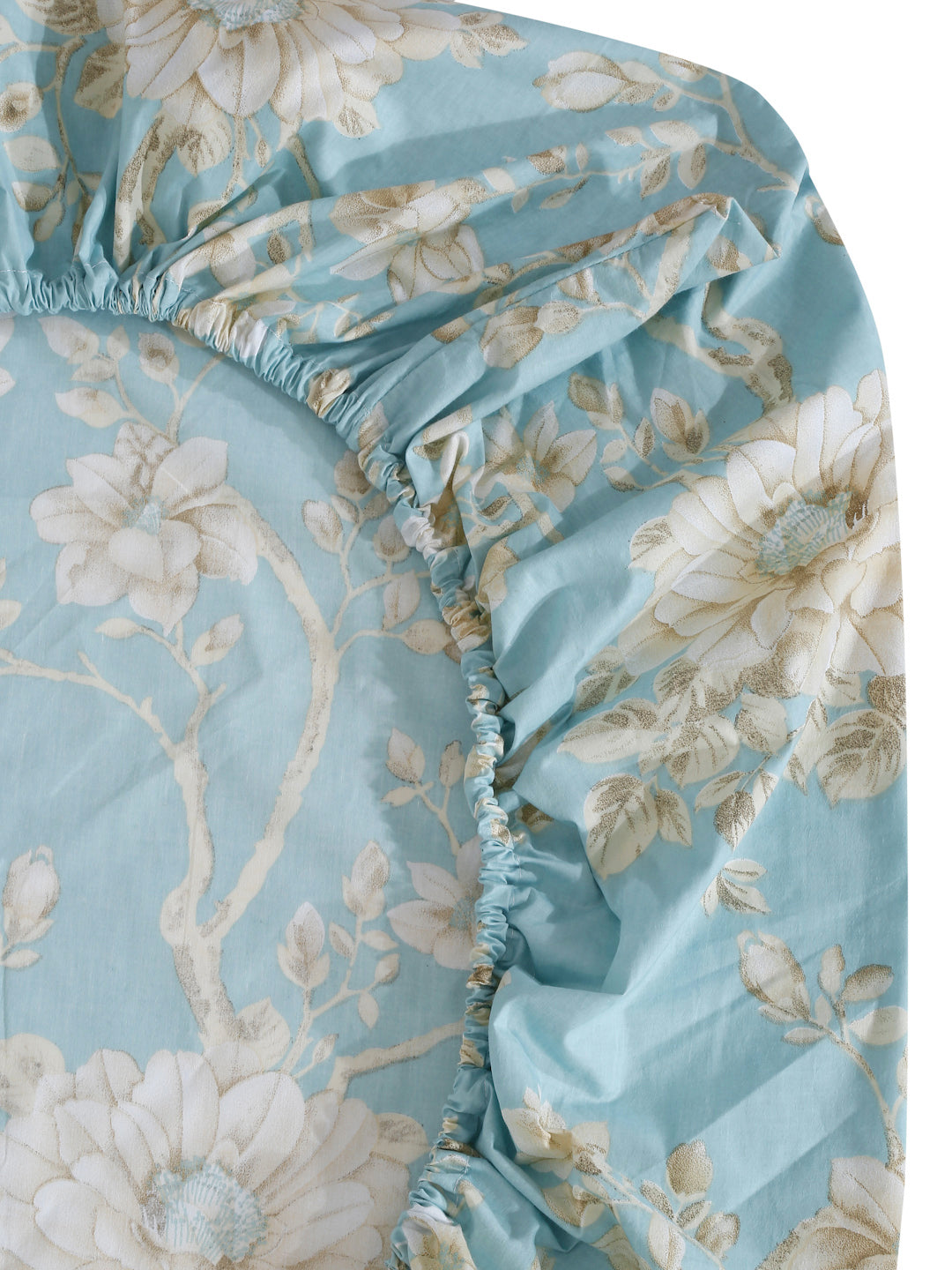 Klotthe Turquoise Floral 400 TC Pure Cotton Fitted Super King Double Bedsheet with 2 Pillow covers (270X270 cm)