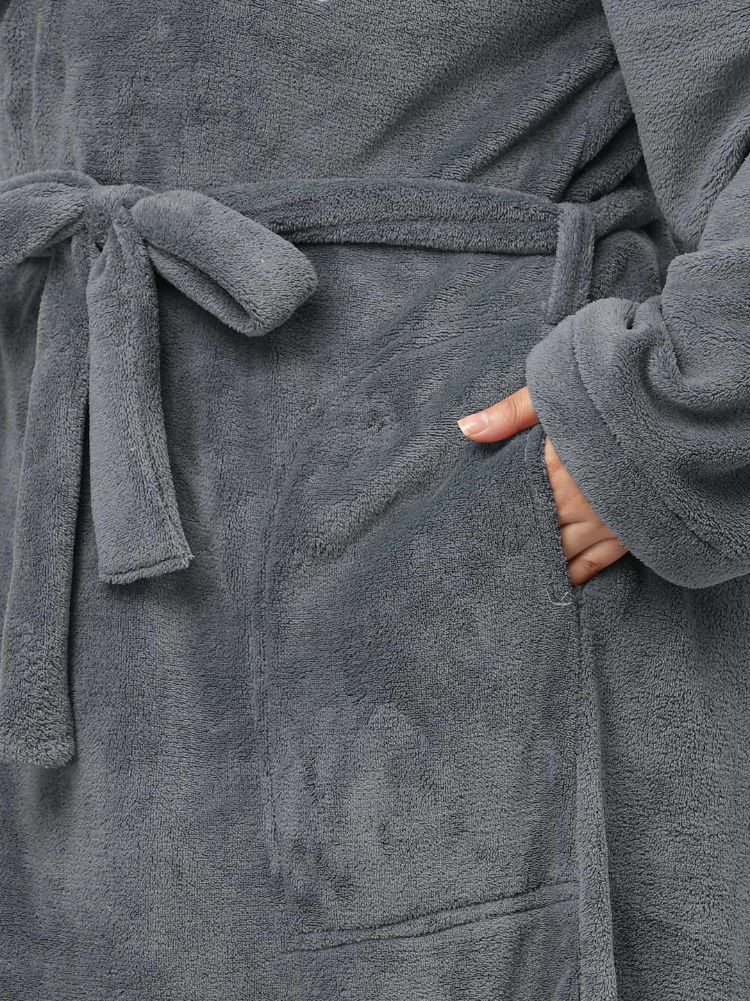 Klotthe Women Grey Solid Bath Robe With Belt