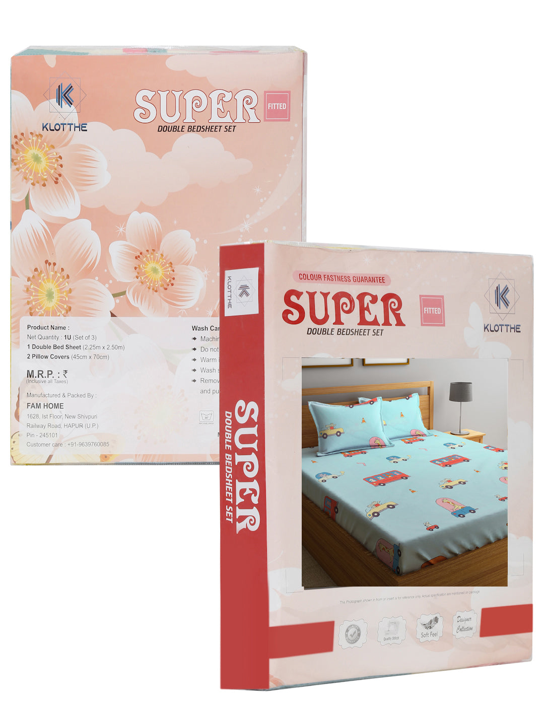 Klotthe Multi Cartoon Print 300 TC Cotton Blend Elasticated Double Bedsheet with 2 Pillow Cover in Book Fold Pack